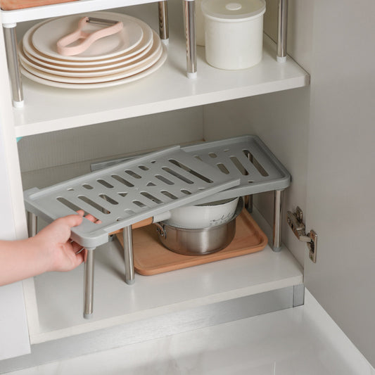 Telescopic cabinet layered shelf organizer